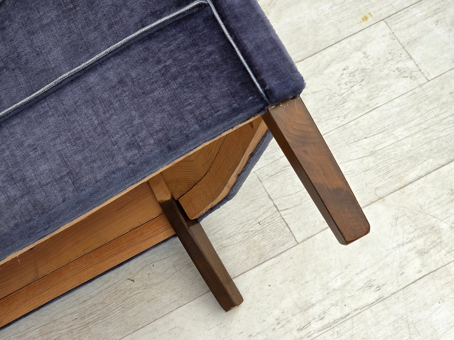 1960s, Danish 2-seater sofa, original blue furniture velour, beech wood legs.