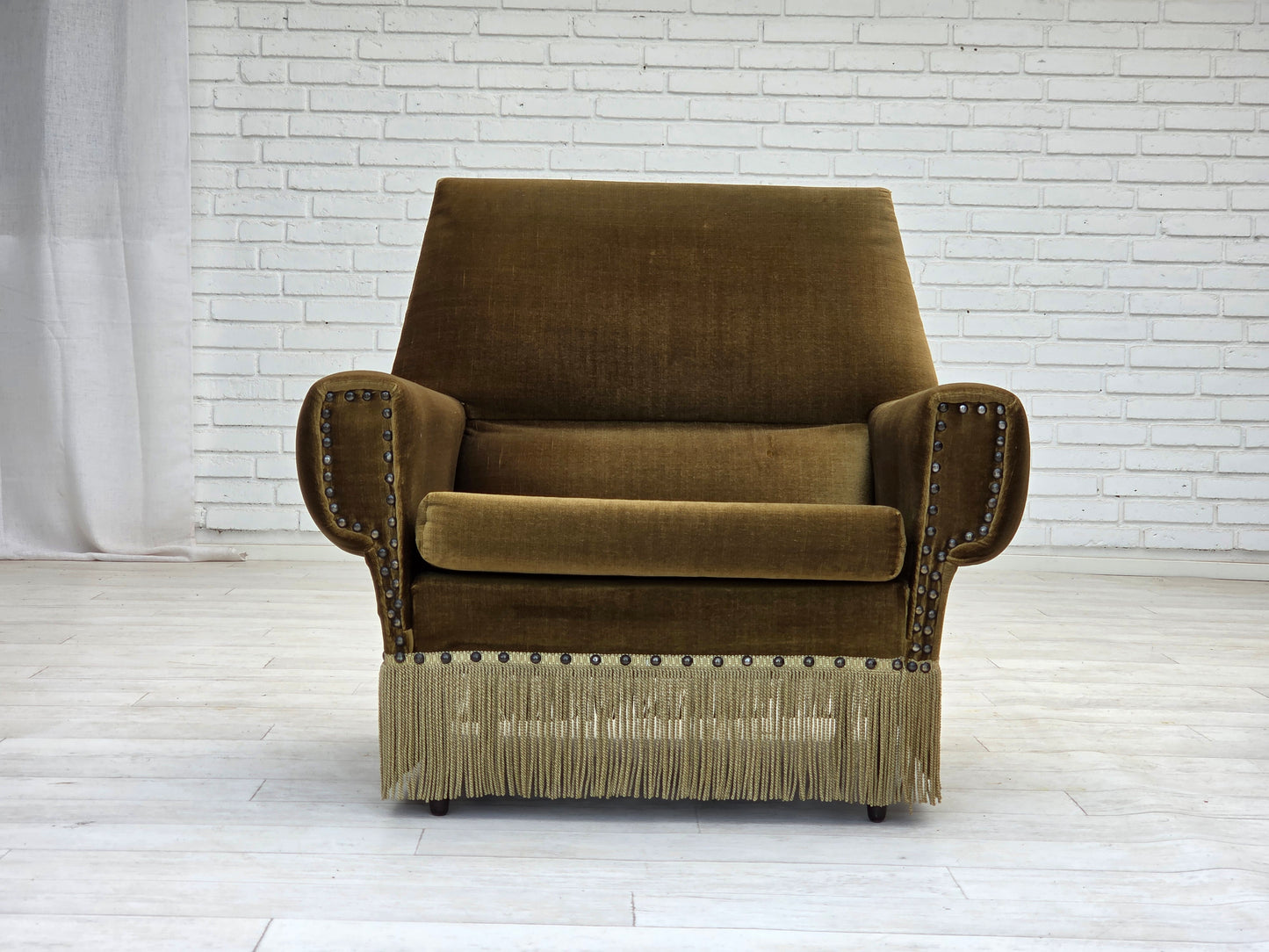 1970s, Danish armchair, green furniture velour, ash wood legs.
