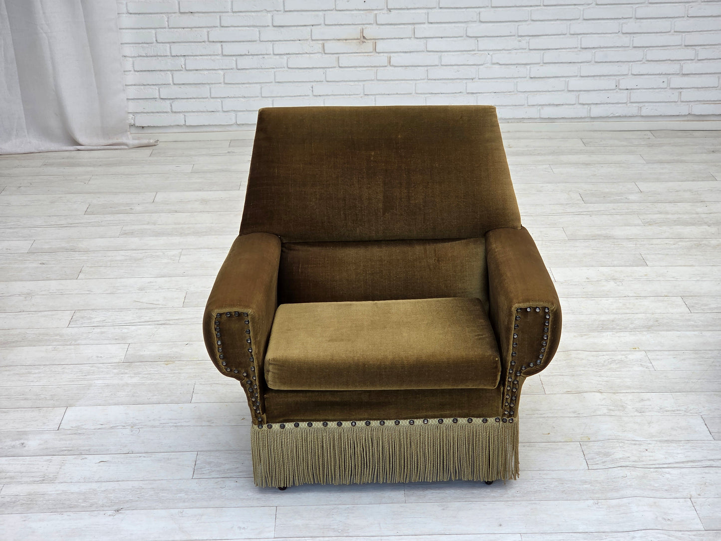 1970s, Danish armchair, green furniture velour, ash wood legs.