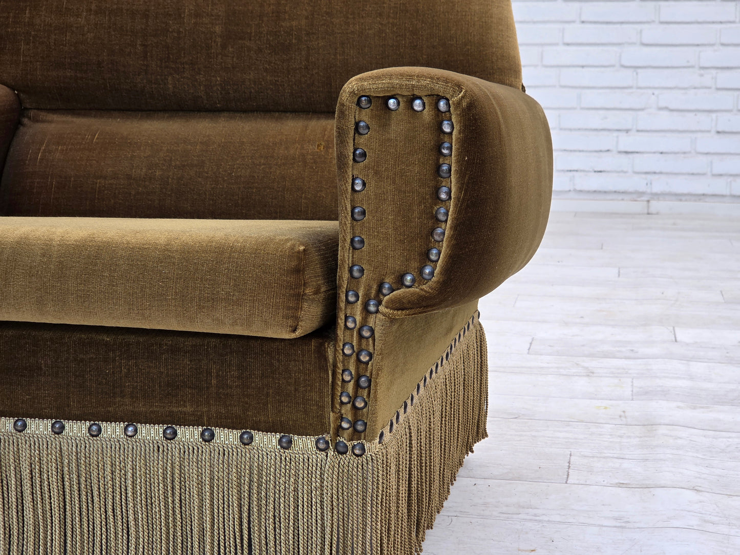 1970s, Danish armchair, green furniture velour, ash wood legs.