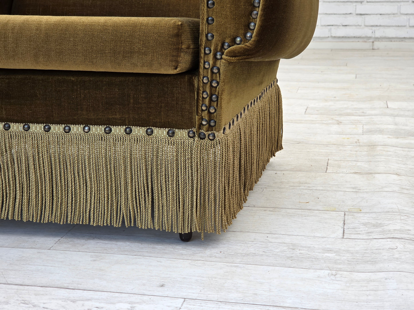 1970s, Danish armchair, green furniture velour, ash wood legs.