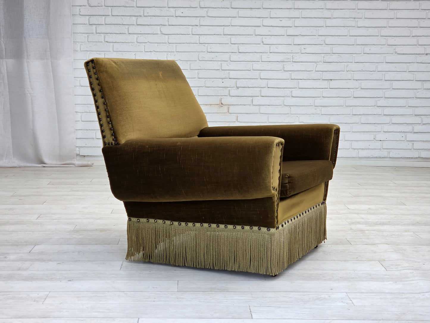 1970s, Danish armchair, green furniture velour, ash wood legs.