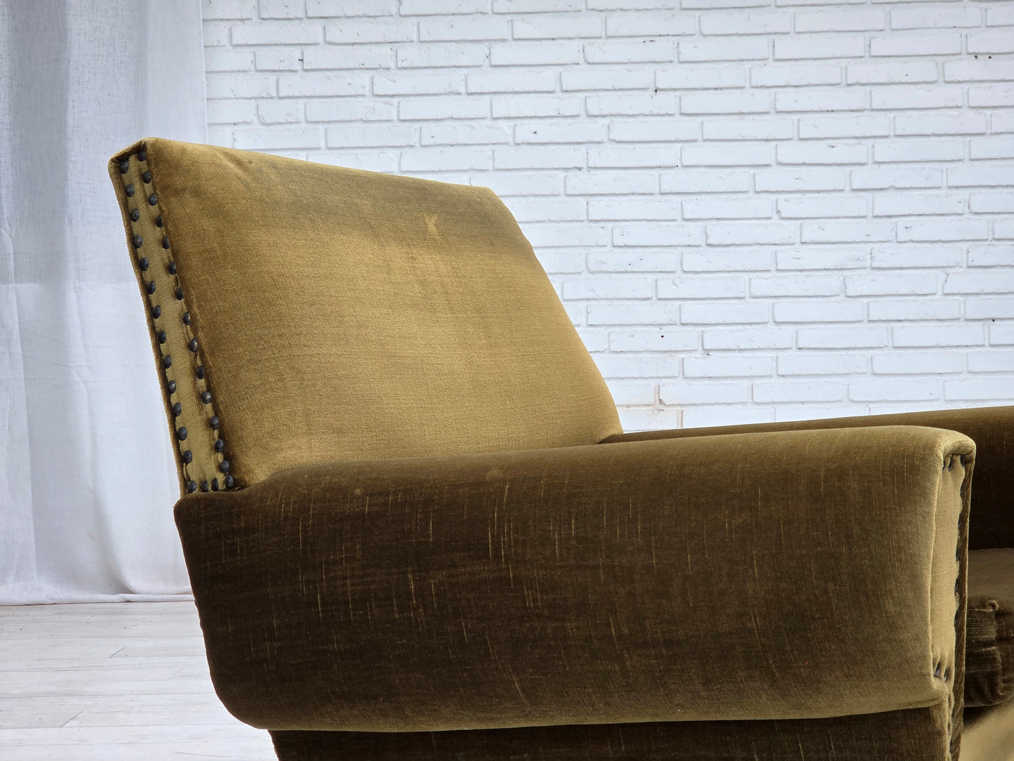1970s, Danish armchair, green furniture velour, ash wood legs.