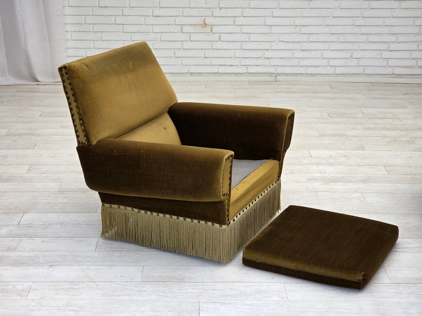 1970s, Danish armchair, green furniture velour, ash wood legs.