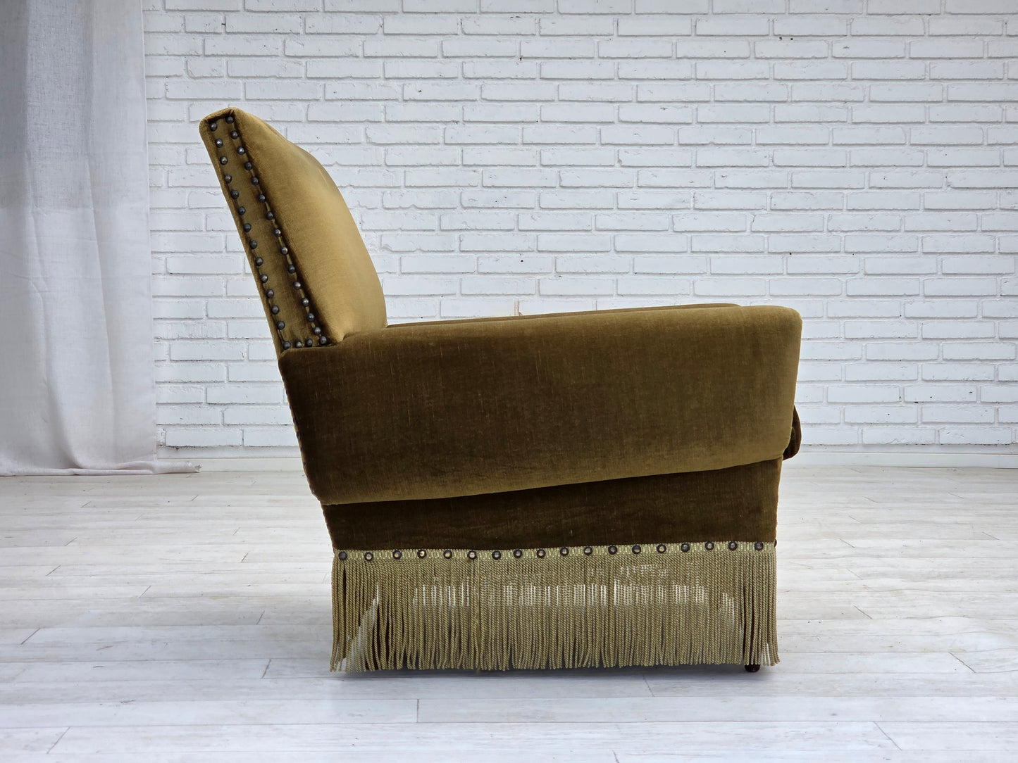 1970s, Danish armchair, green furniture velour, ash wood legs.