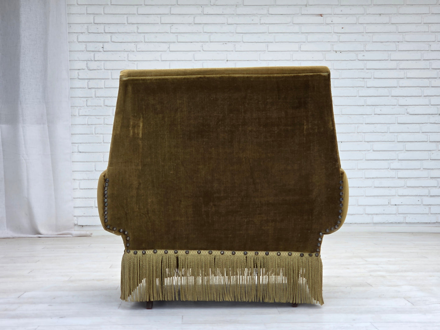 1970s, Danish armchair, green furniture velour, ash wood legs.