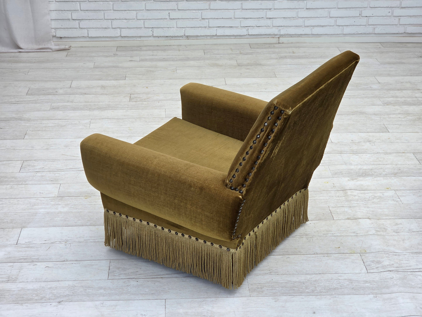 1970s, Danish armchair, green furniture velour, ash wood legs.