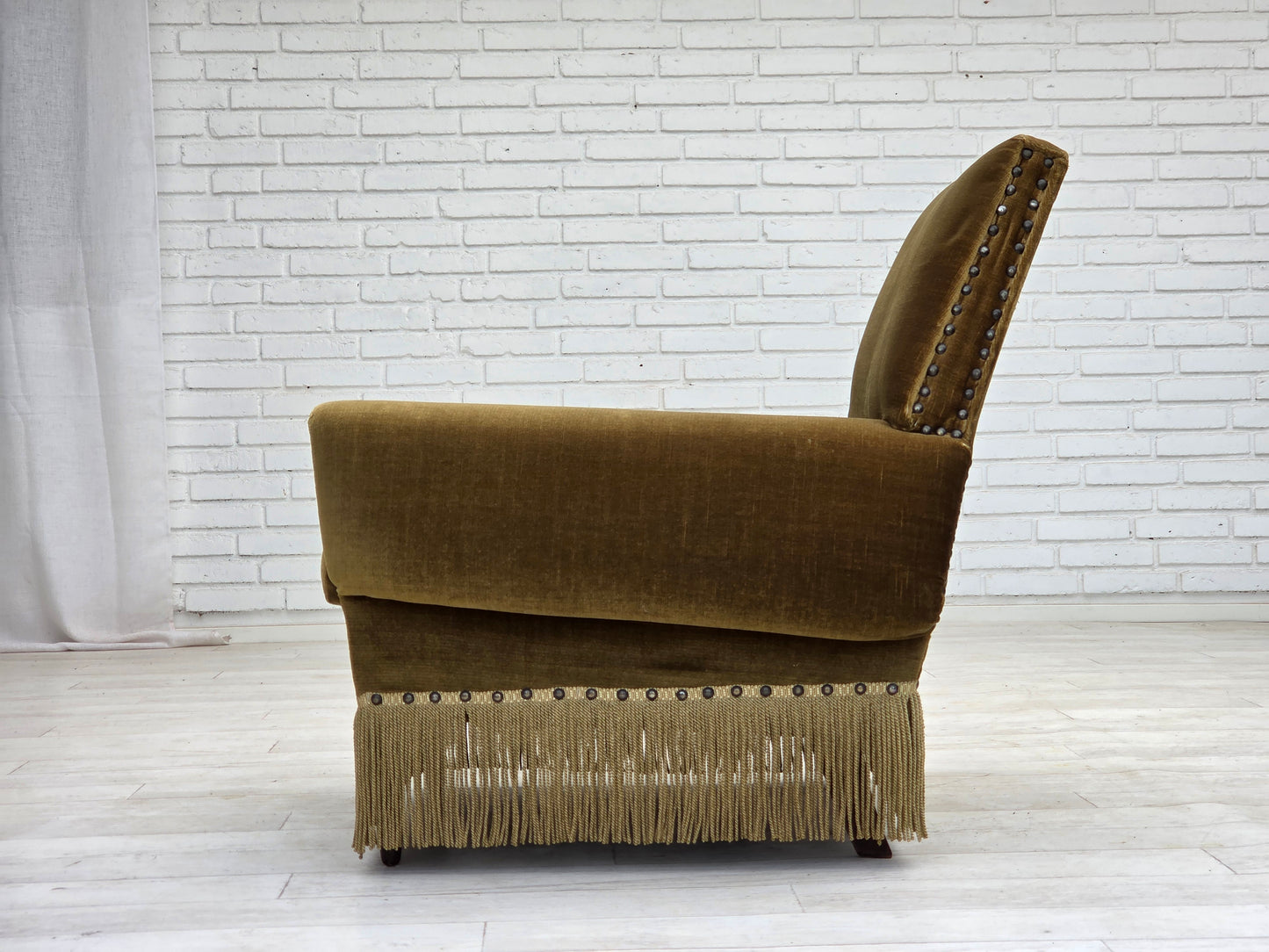 1970s, Danish armchair, green furniture velour, ash wood legs.