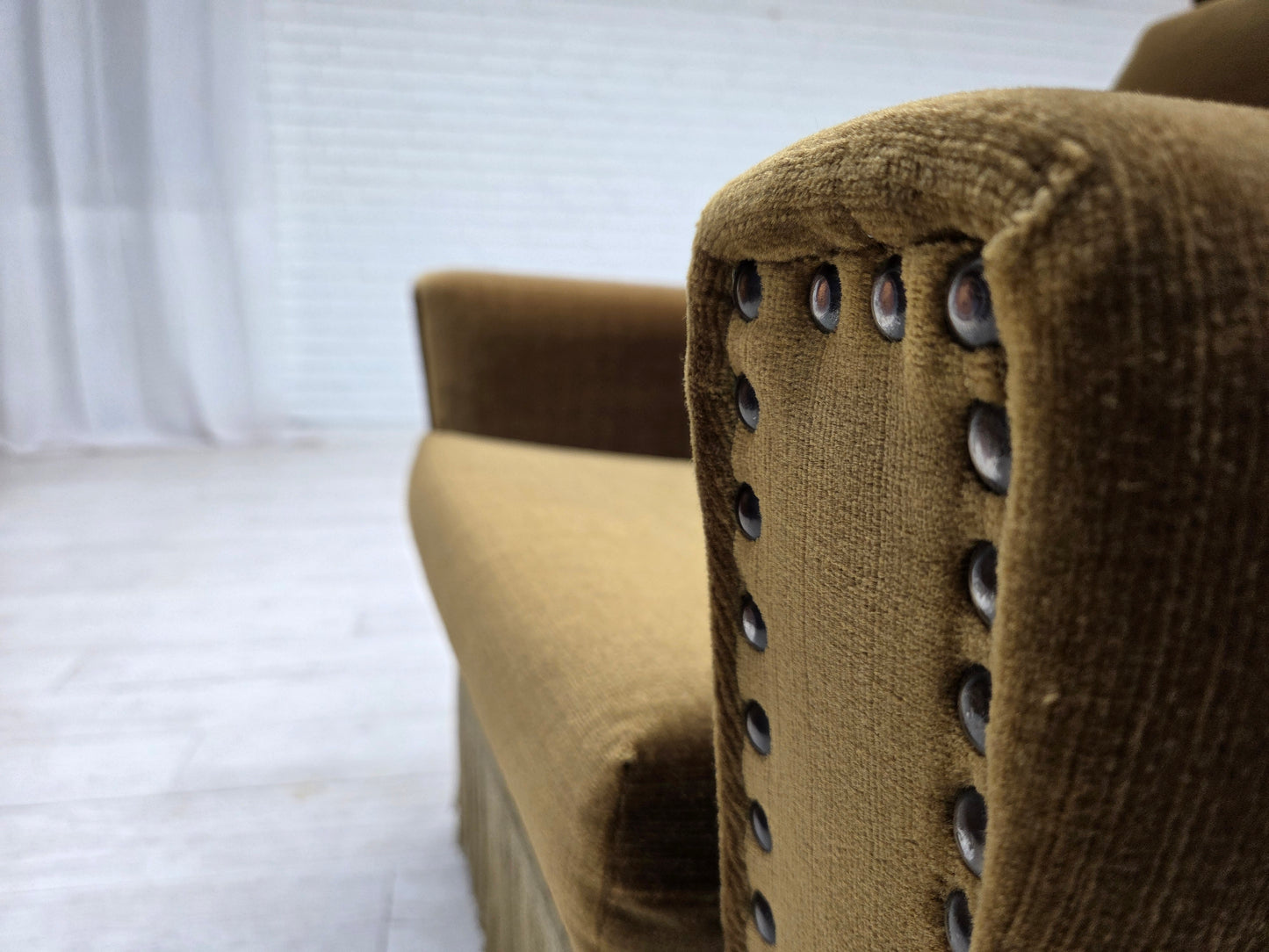 1970s, Danish armchair, green furniture velour, ash wood legs.