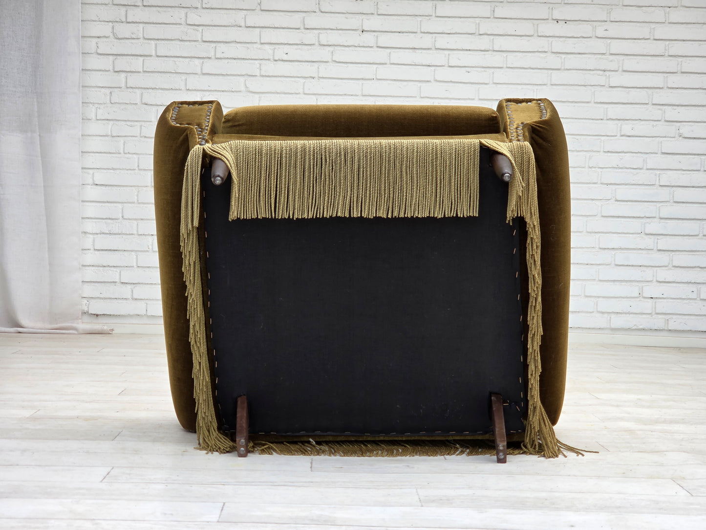 1970s, Danish armchair, green furniture velour, ash wood legs.