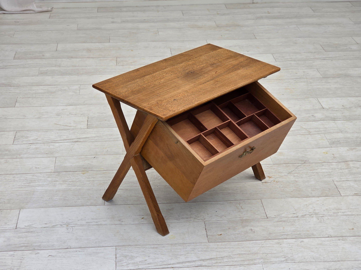 1970s, Scandinavian side table with drawer, solid oak wood, teak wood.