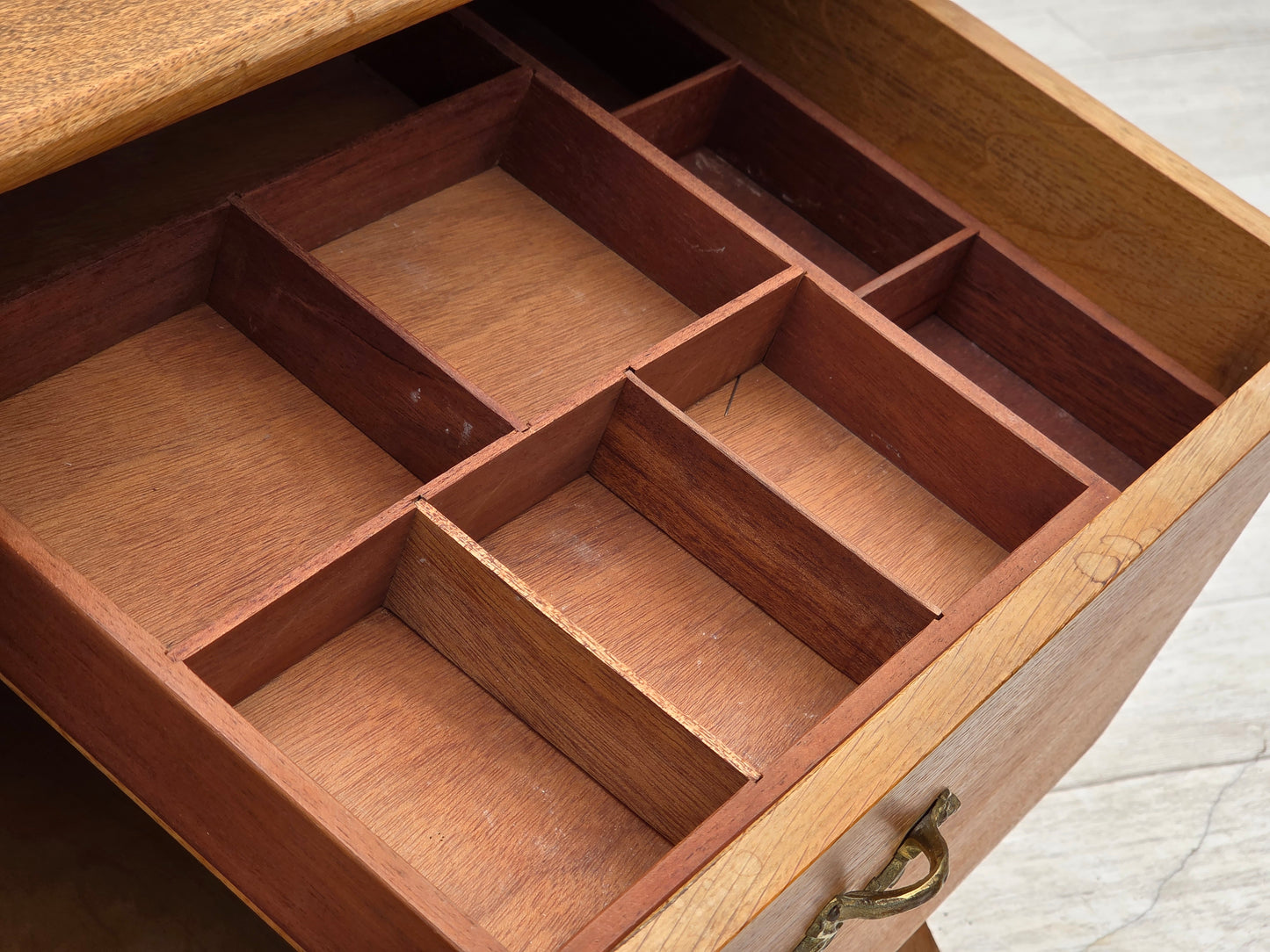 1970s, Scandinavian side table with drawer, solid oak wood, teak wood.