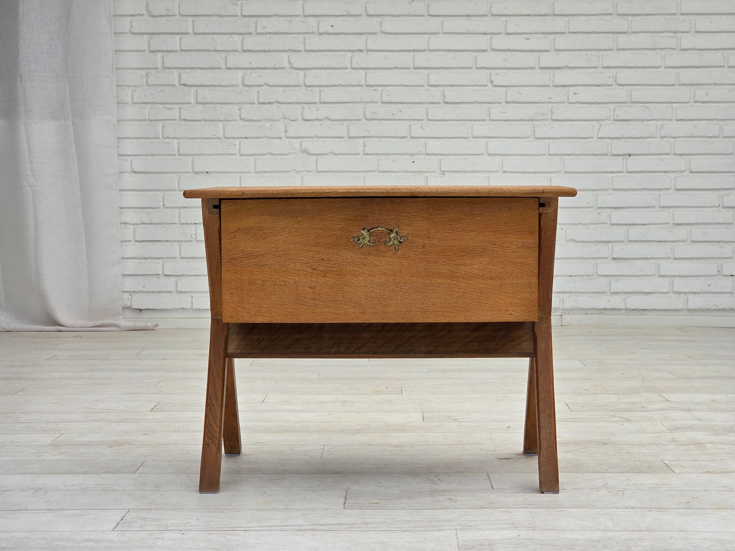 1970s, Scandinavian side table with drawer, solid oak wood, teak wood.