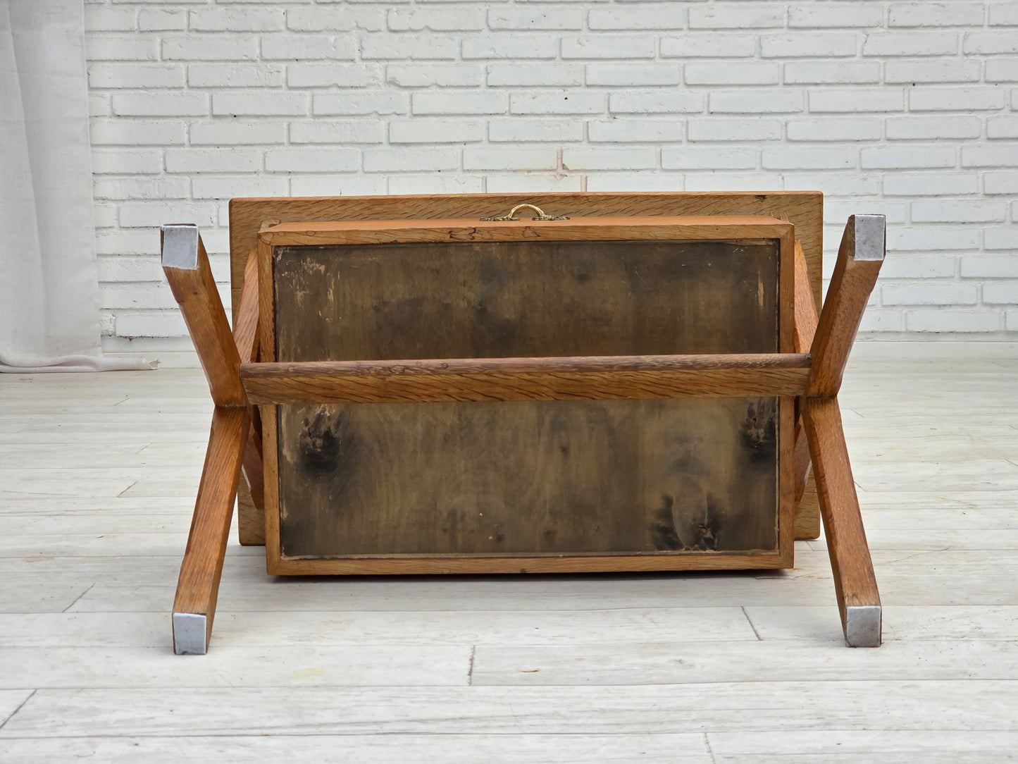 1970s, Scandinavian side table with drawer, solid oak wood, teak wood.