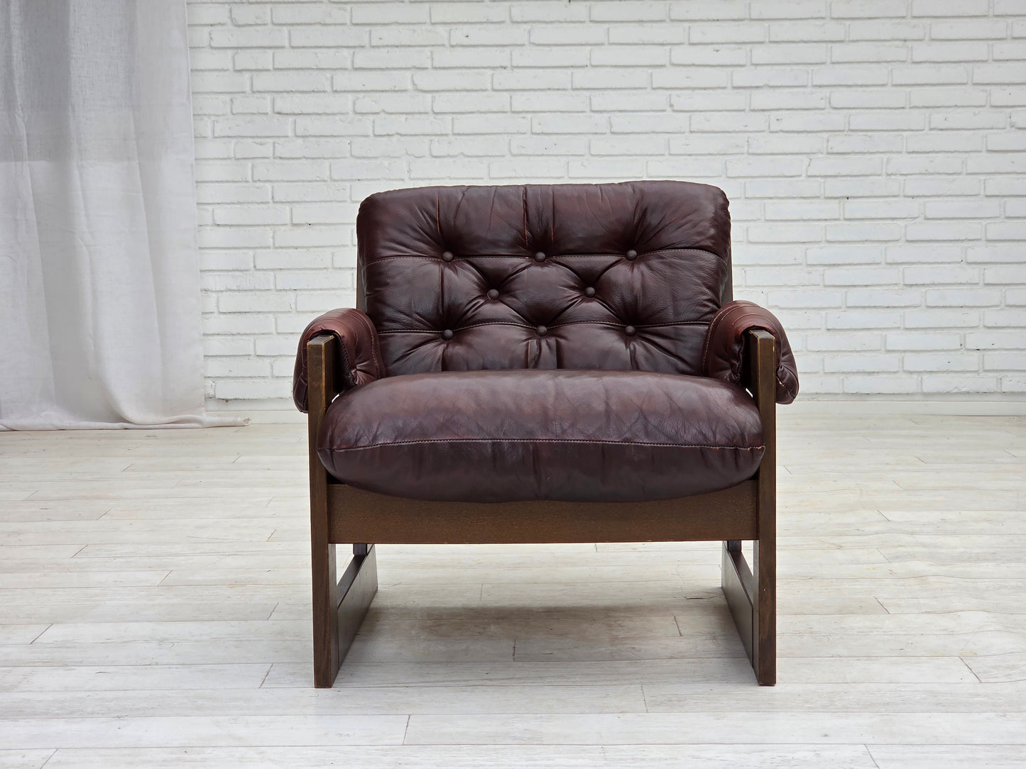 1970s, Scandinavian armchair, brown furniture leather, dark beech wood.