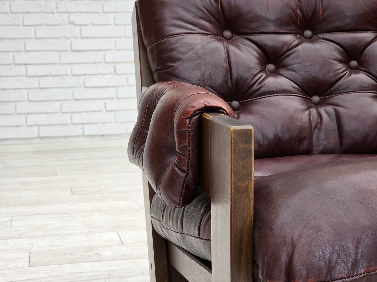 1970s, Scandinavian armchair, brown furniture leather, dark beech wood.