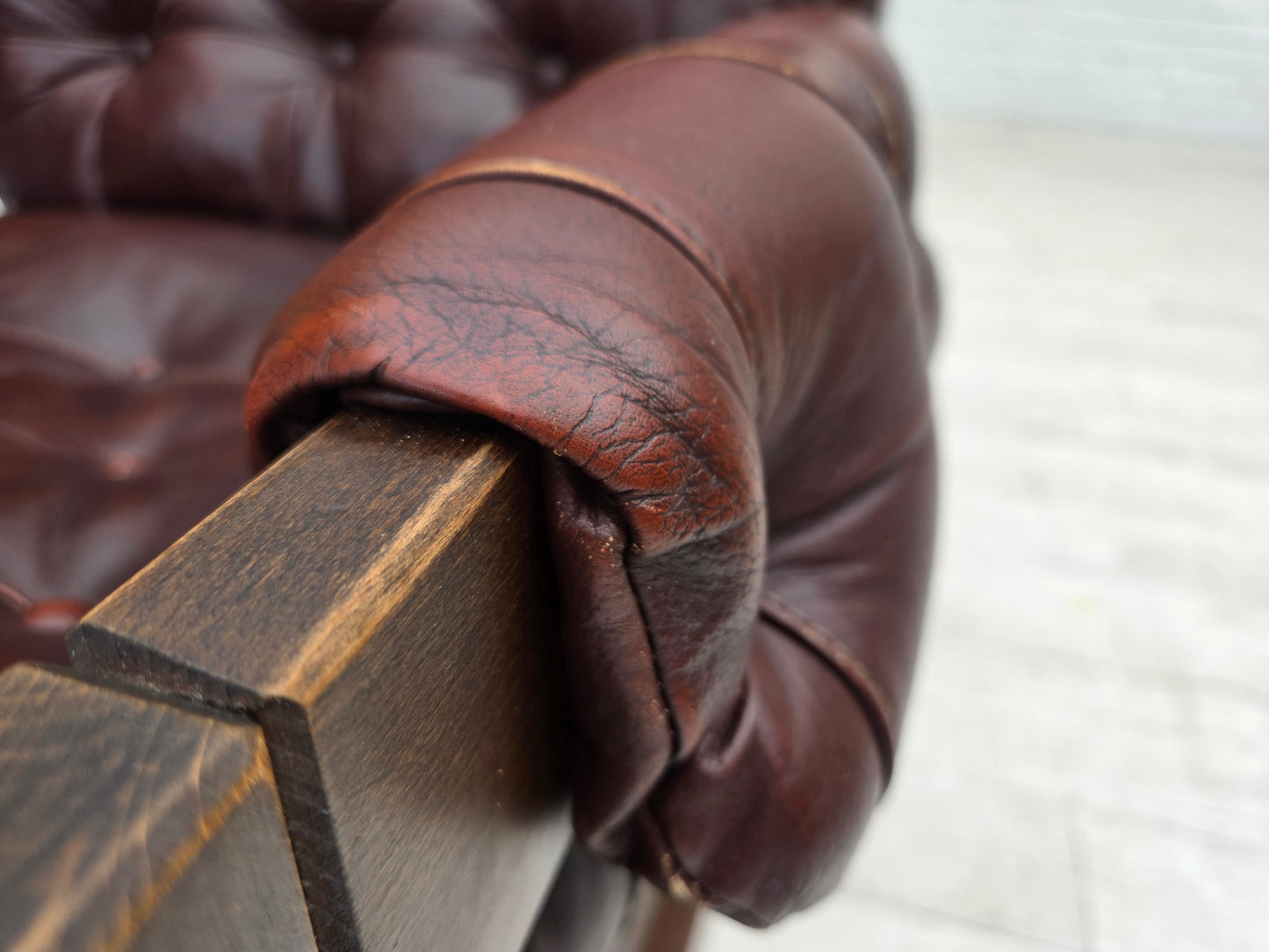 1970s, Scandinavian armchair, brown furniture leather, dark beech wood.