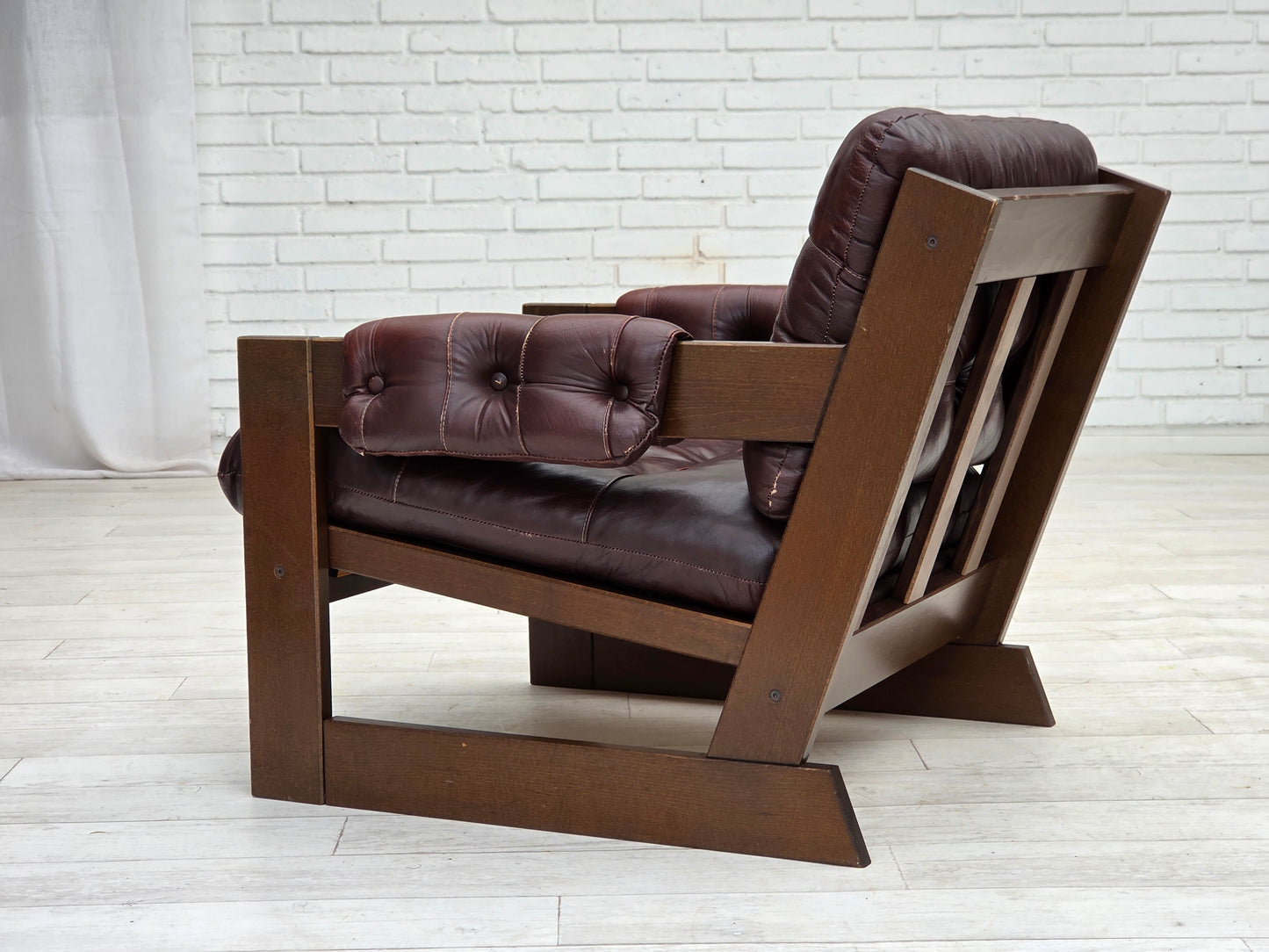 1970s, Scandinavian armchair, brown furniture leather, dark beech wood.
