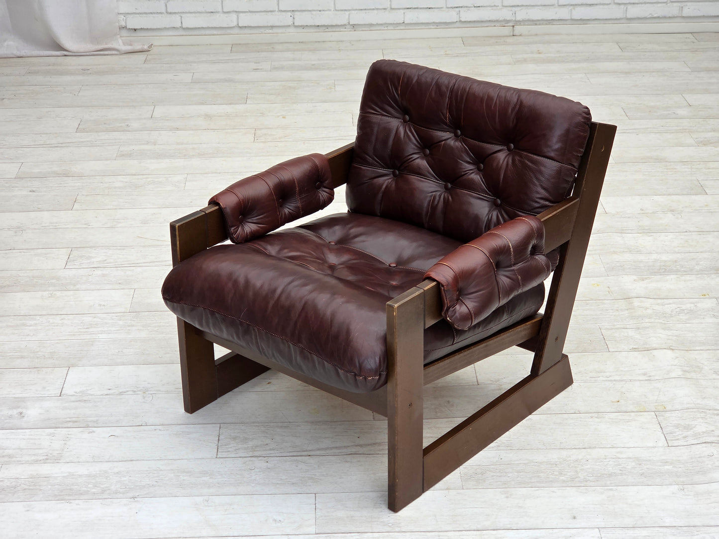 1970s, Scandinavian armchair, brown furniture leather, dark beech wood.