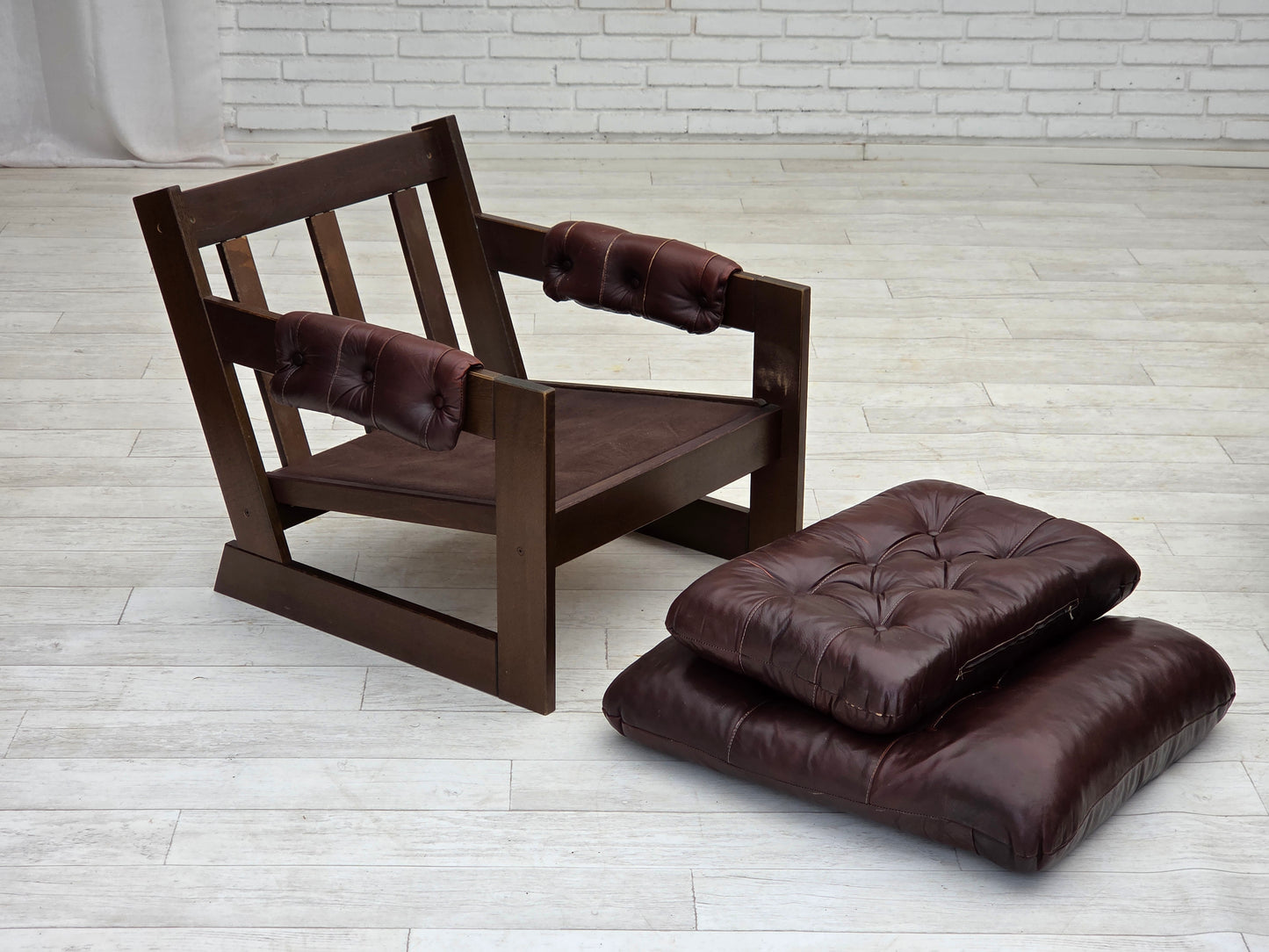 1970s, Scandinavian armchair, brown furniture leather, dark beech wood.