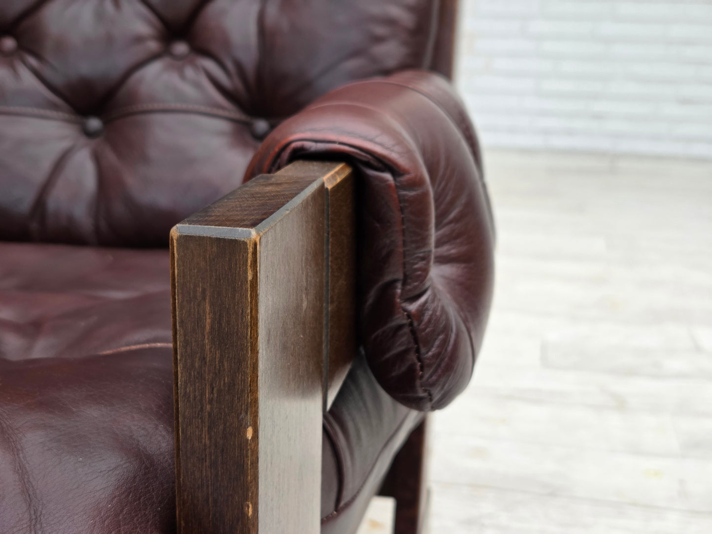 1970s, Scandinavian highback armchair, brown furniture leather, dark beech wood.