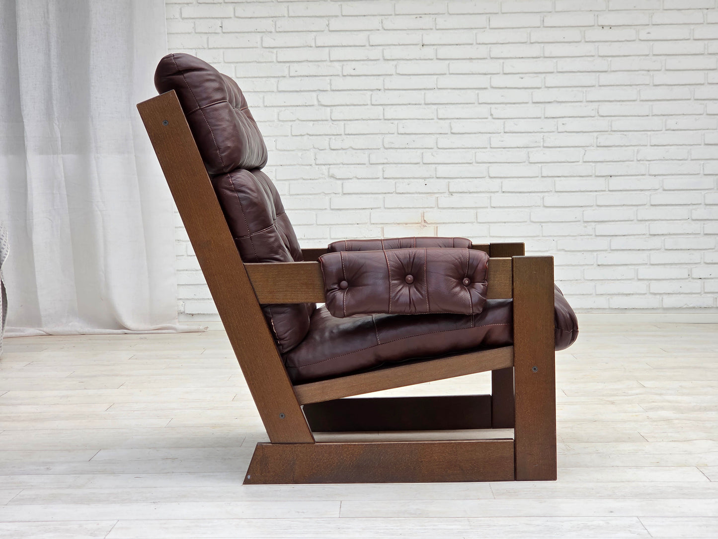 1970s, Scandinavian highback armchair, brown furniture leather, dark beech wood.
