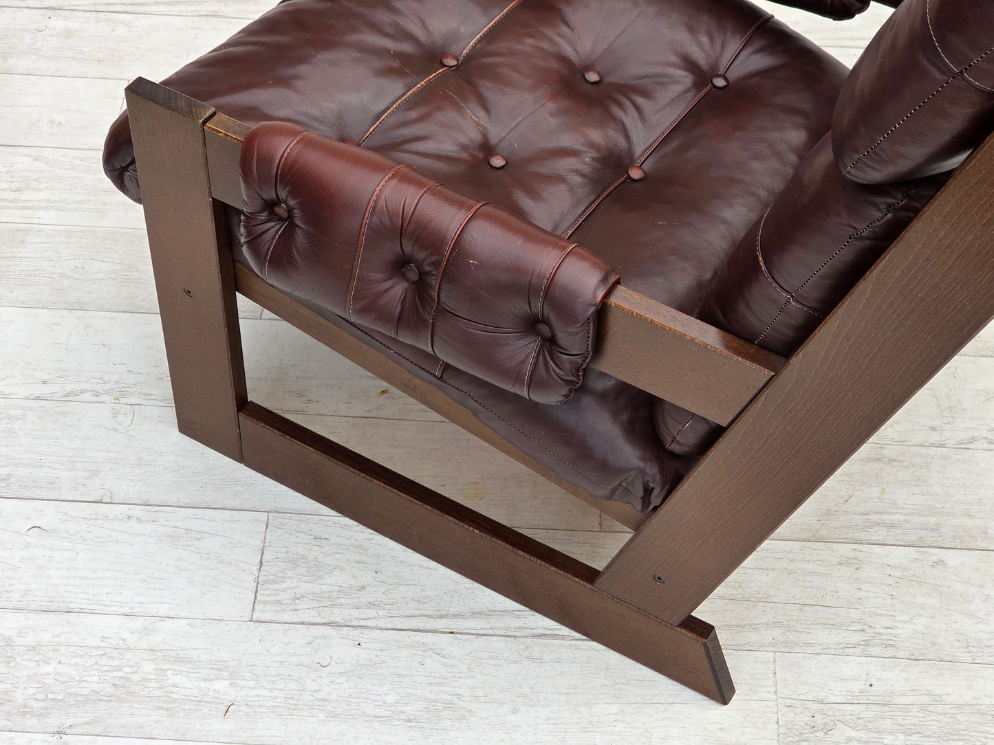 1970s, Scandinavian highback armchair, brown furniture leather, dark beech wood.