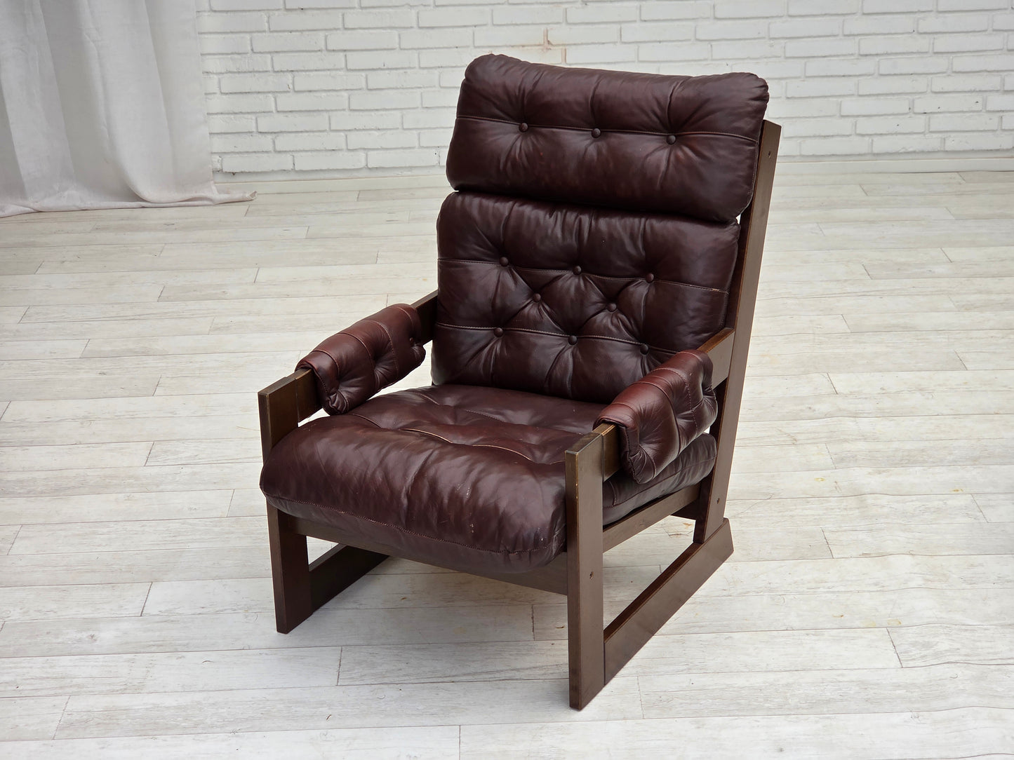 1970s, Scandinavian highback armchair, brown furniture leather, dark beech wood.