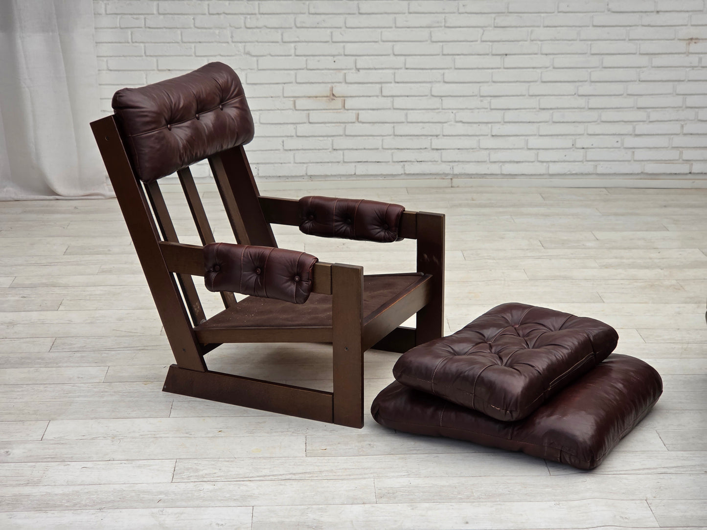 1970s, Scandinavian highback armchair, brown furniture leather, dark beech wood.