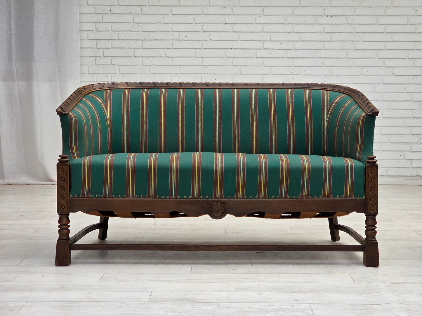 1950s, Danish 2-seater sofa, green furniture wool, oak wood.