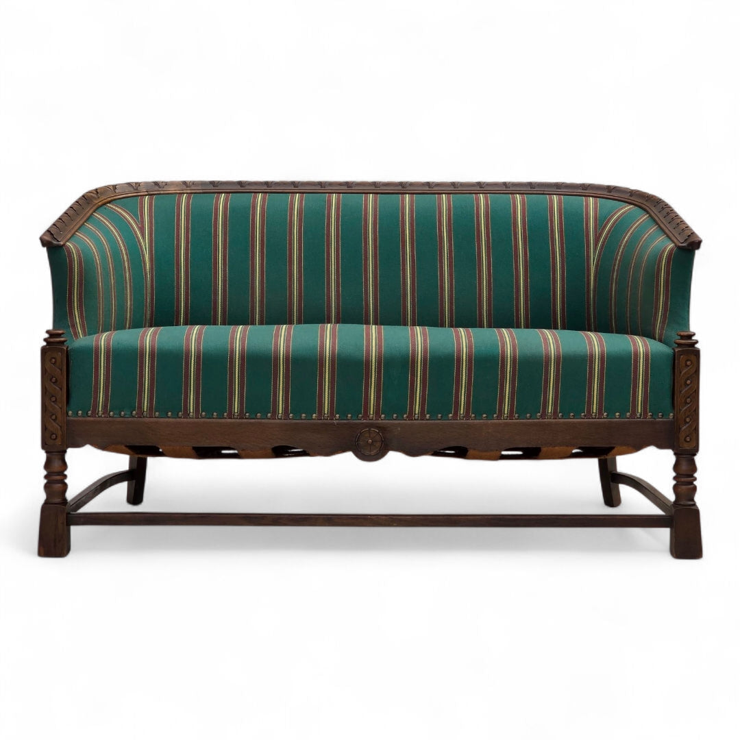 1950s, Danish 2-seater sofa, green furniture wool, oak wood.
