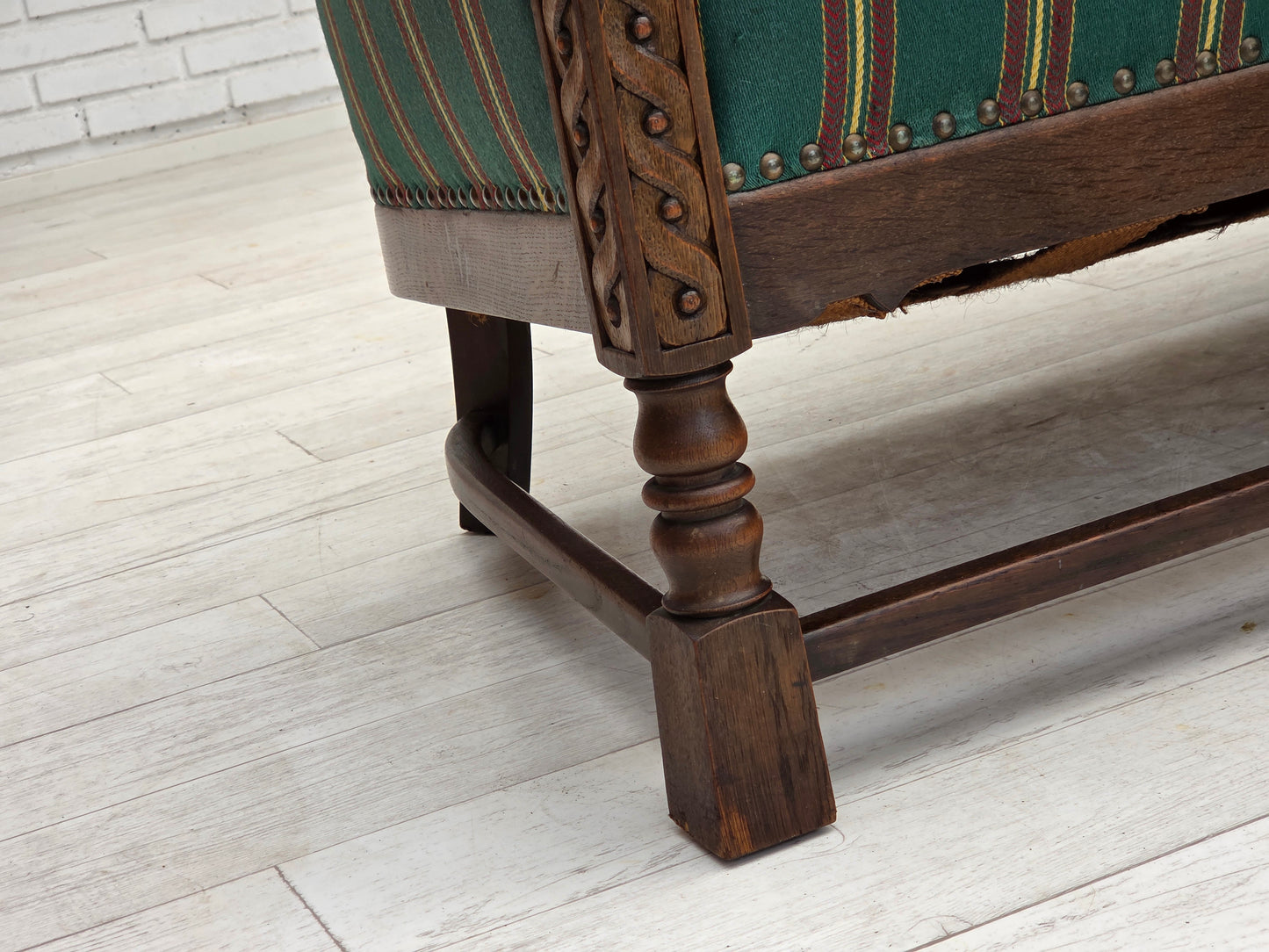 1950s, Danish 2-seater sofa, green furniture wool, oak wood.