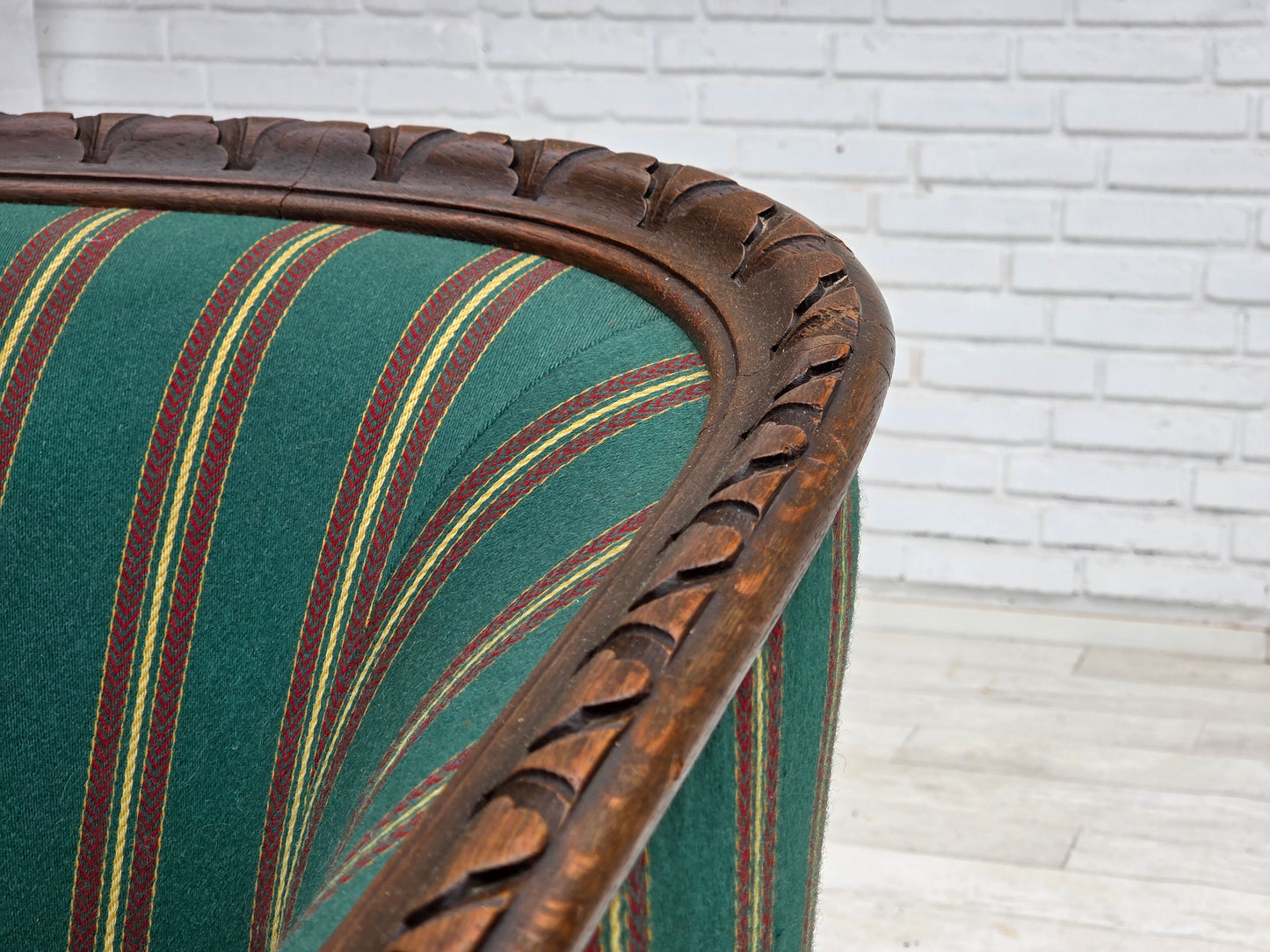 1950s, Danish 2-seater sofa, green furniture wool, oak wood.