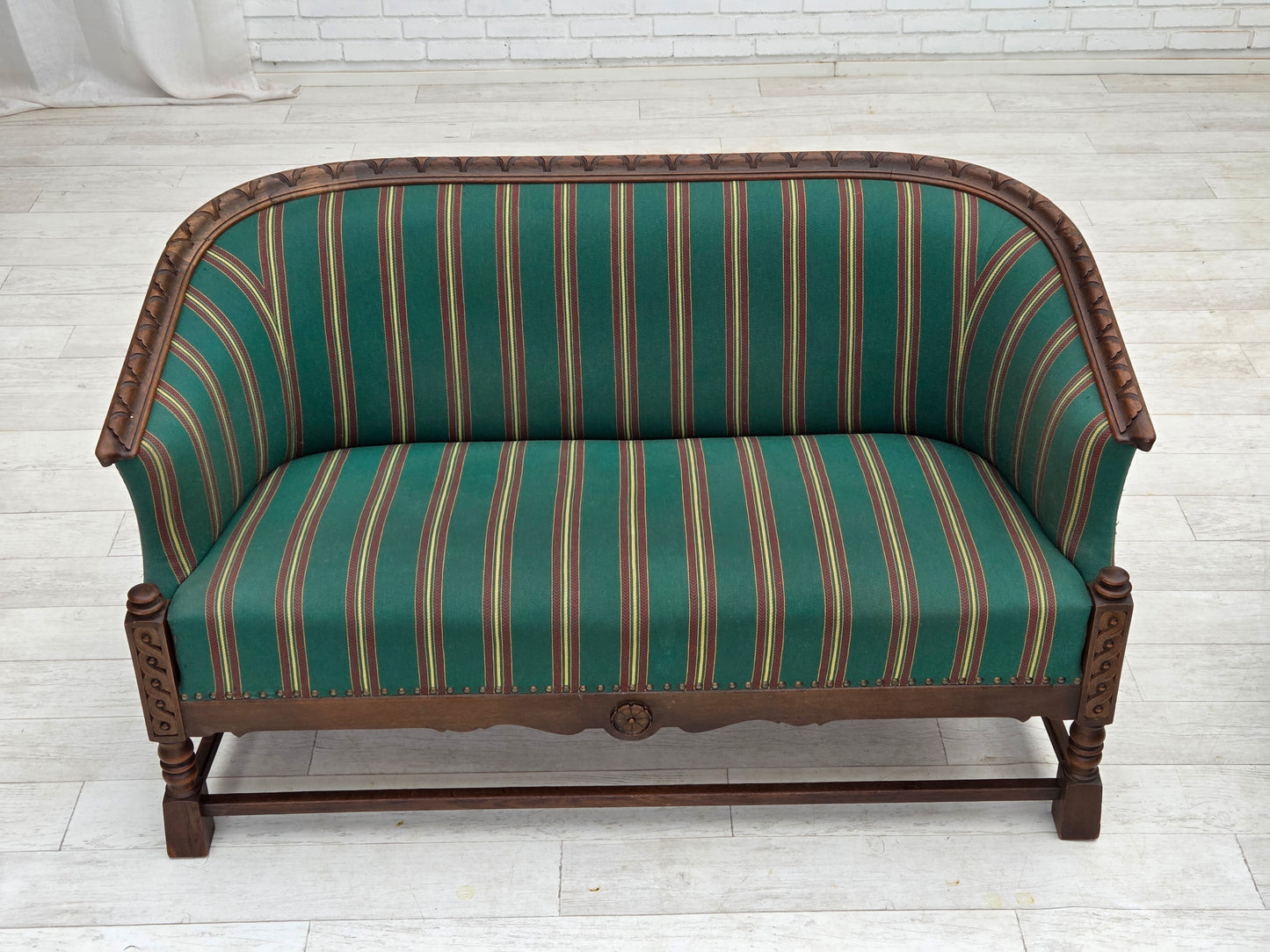 1950s, Danish 2-seater sofa, green furniture wool, oak wood.