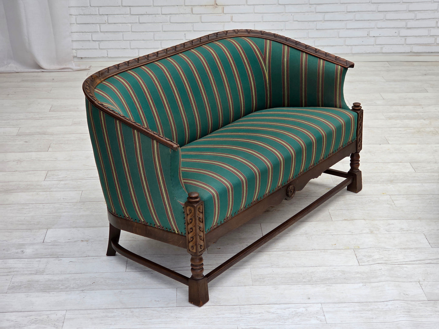 1950s, Danish 2-seater sofa, green furniture wool, oak wood.