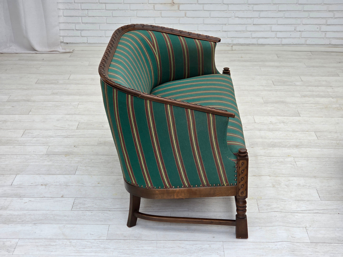 1950s, Danish 2-seater sofa, green furniture wool, oak wood.