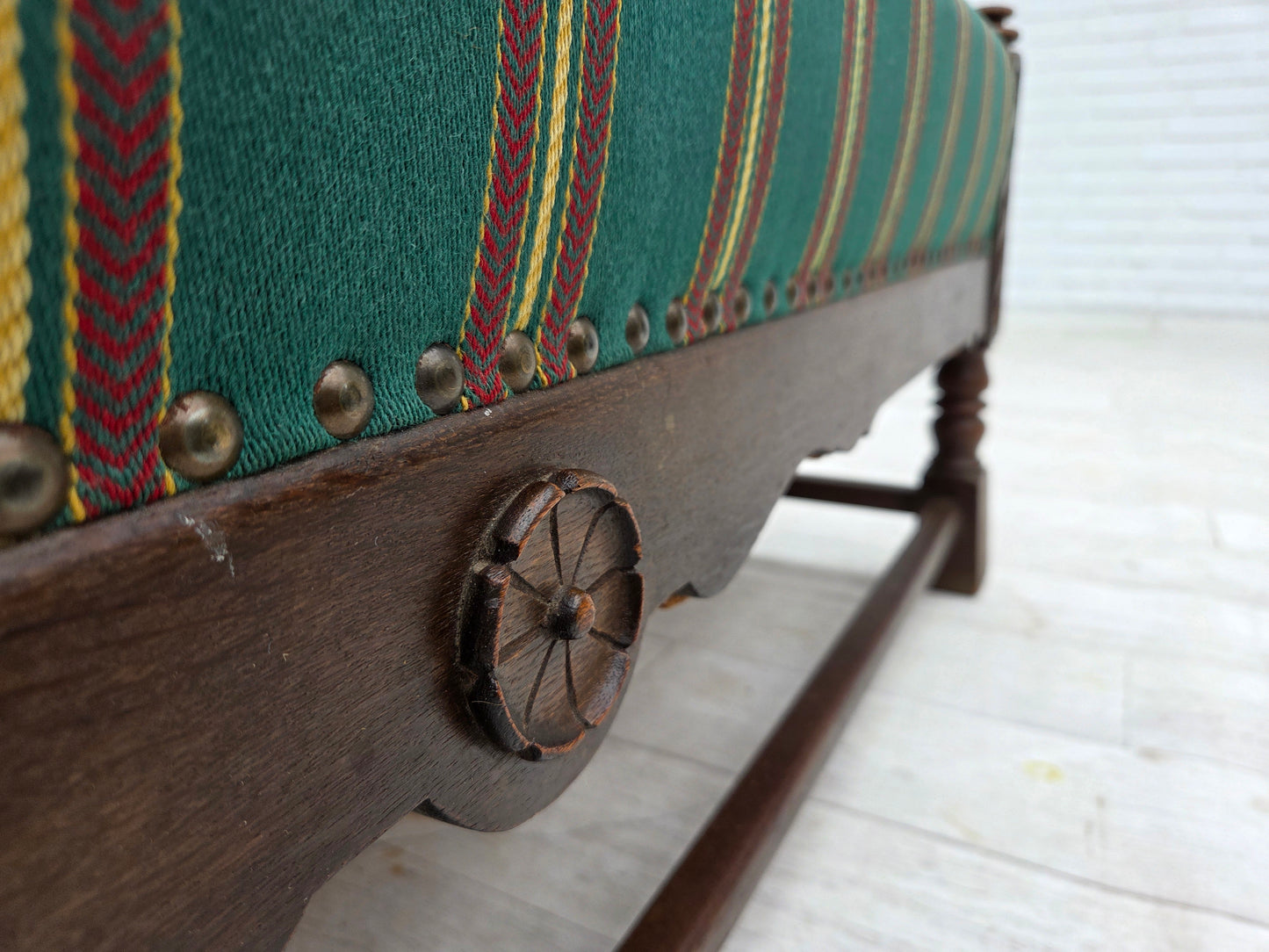 1950s, Danish 2-seater sofa, green furniture wool, oak wood.