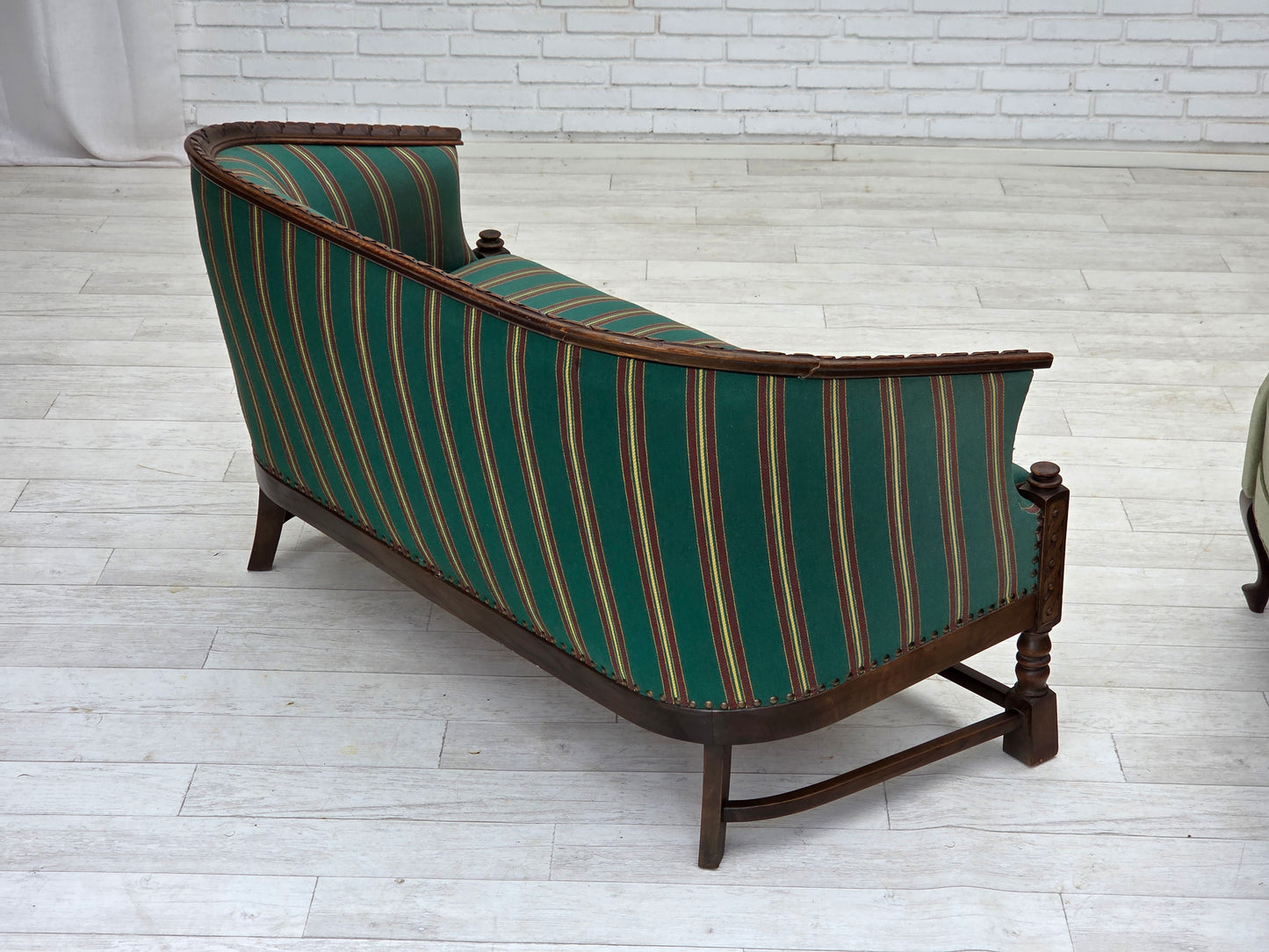 1950s, Danish 2-seater sofa, green furniture wool, oak wood.