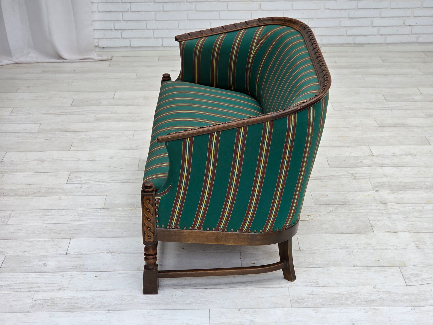 1950s, Danish 2-seater sofa, green furniture wool, oak wood.