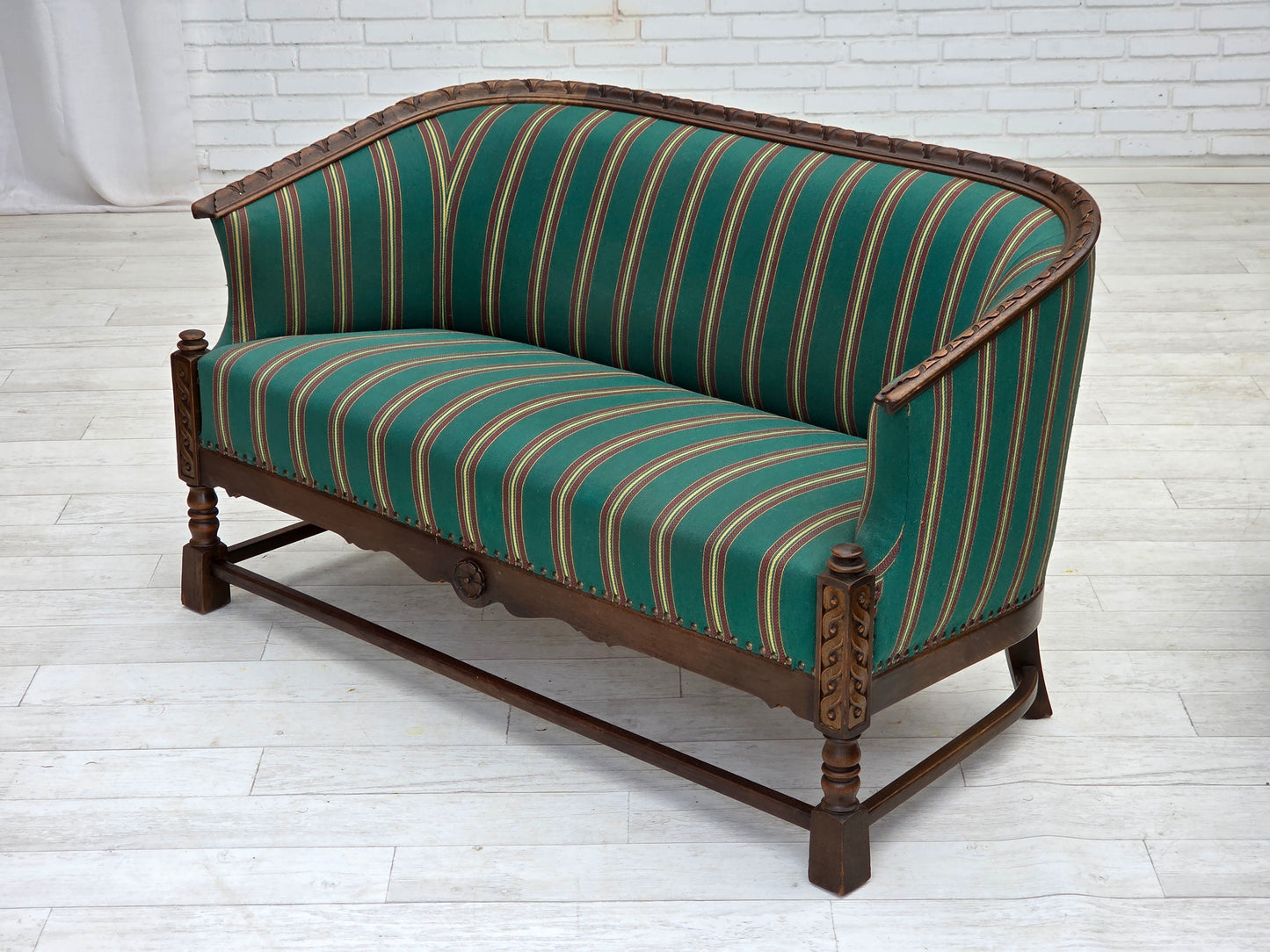 1950s, Danish 2-seater sofa, green furniture wool, oak wood.