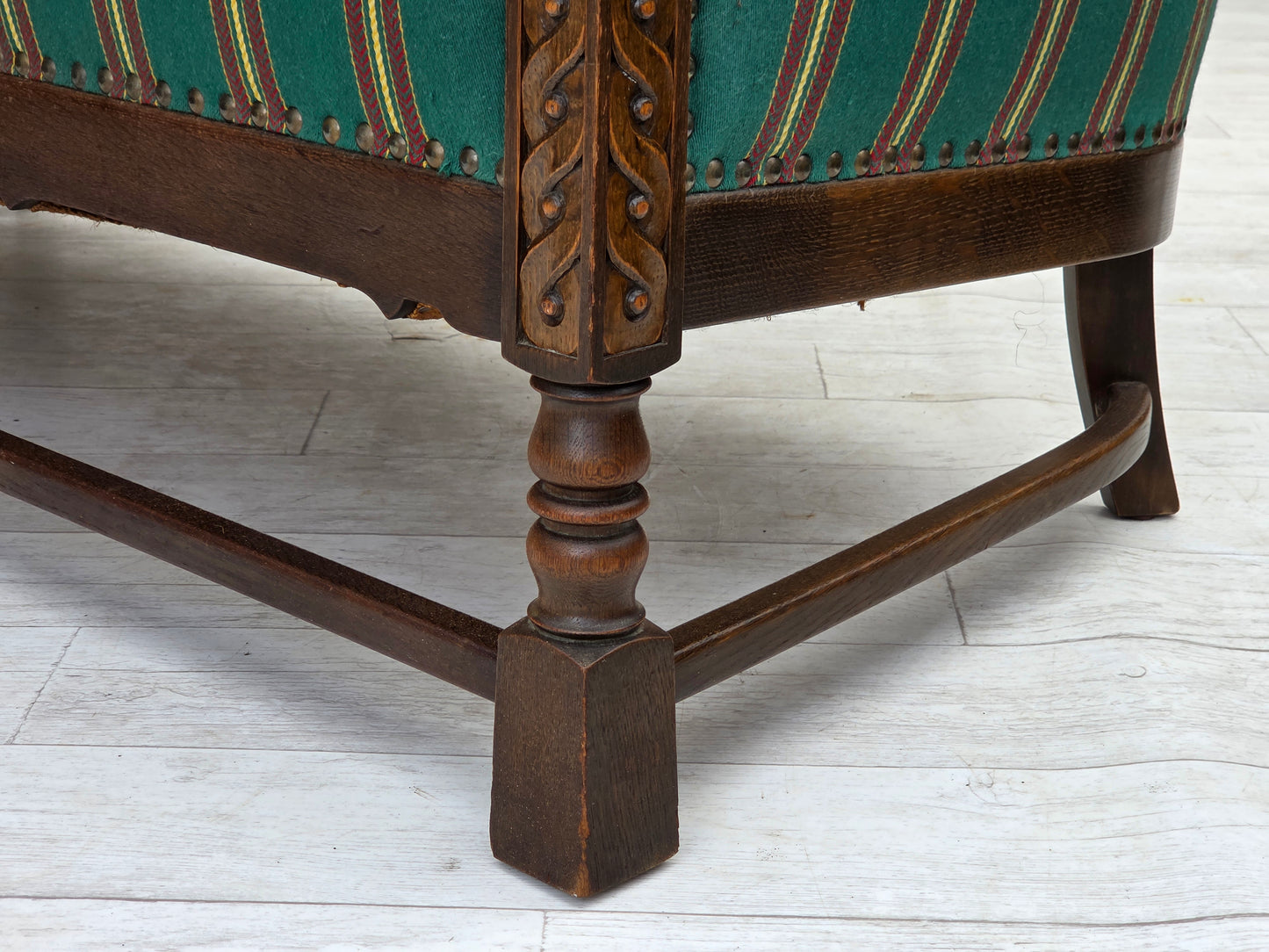 1950s, Danish 2-seater sofa, green furniture wool, oak wood.