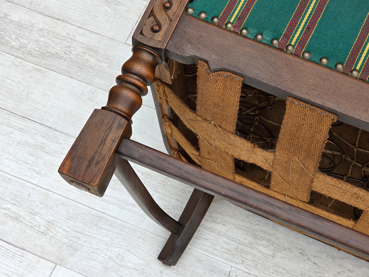 1950s, Danish 2-seater sofa, green furniture wool, oak wood.