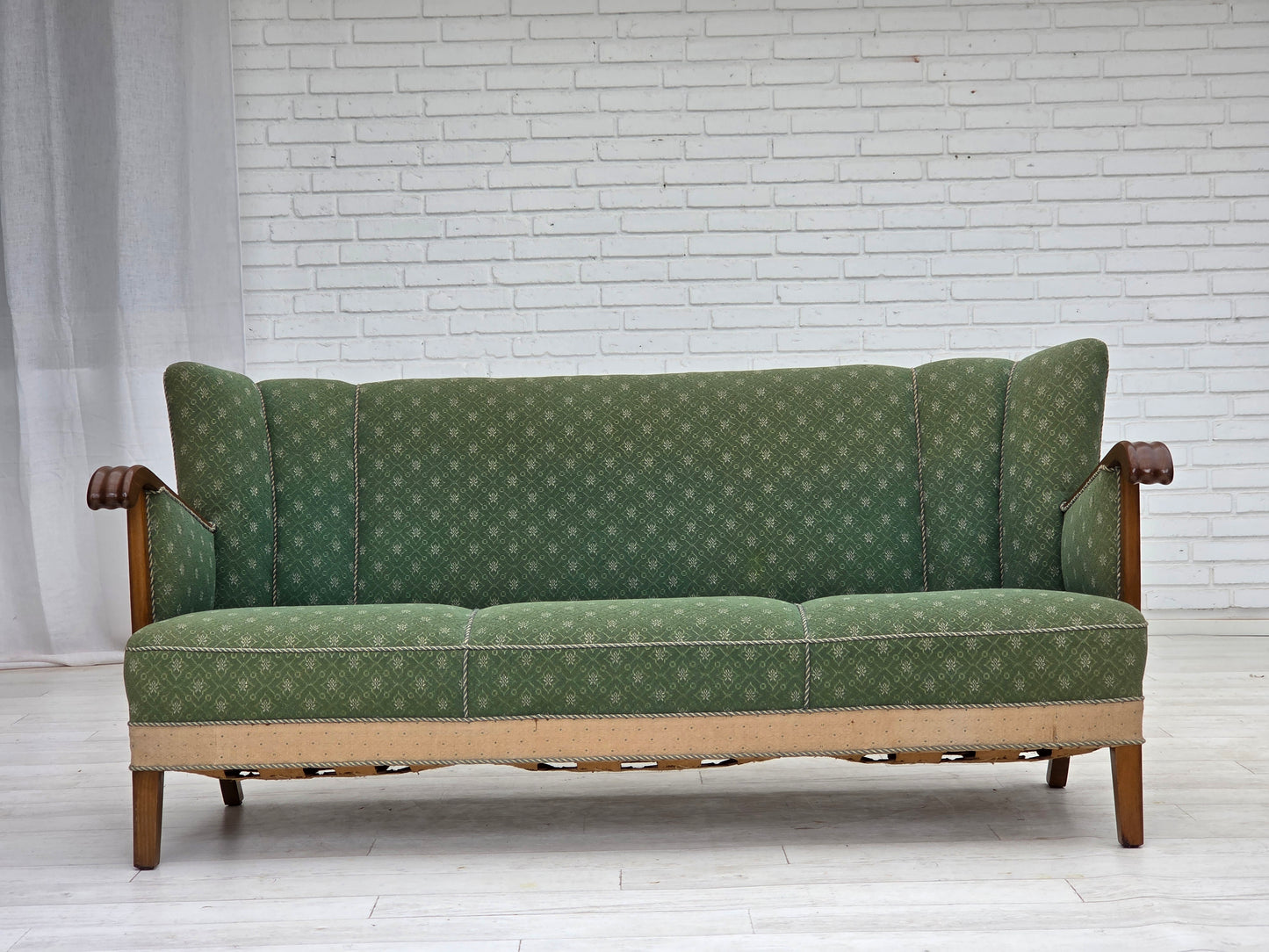 1950s, Danish 3-seater sofa, green/beige furniture wool fabric, oak wood.