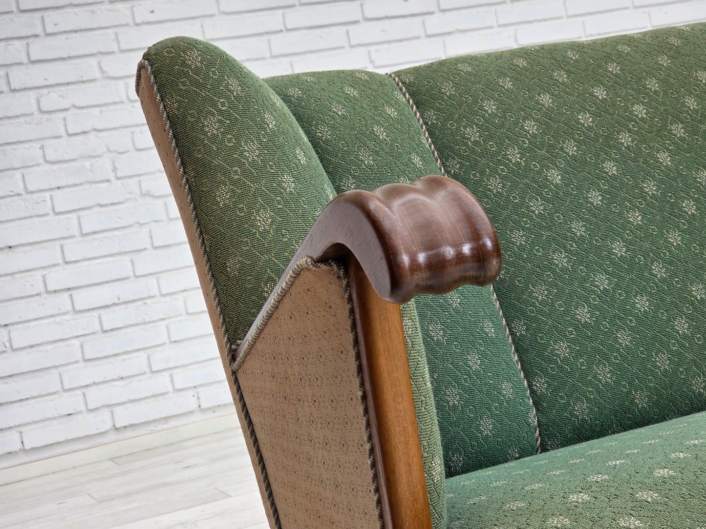 1950s, Danish 3-seater sofa, green/beige furniture wool fabric, oak wood.