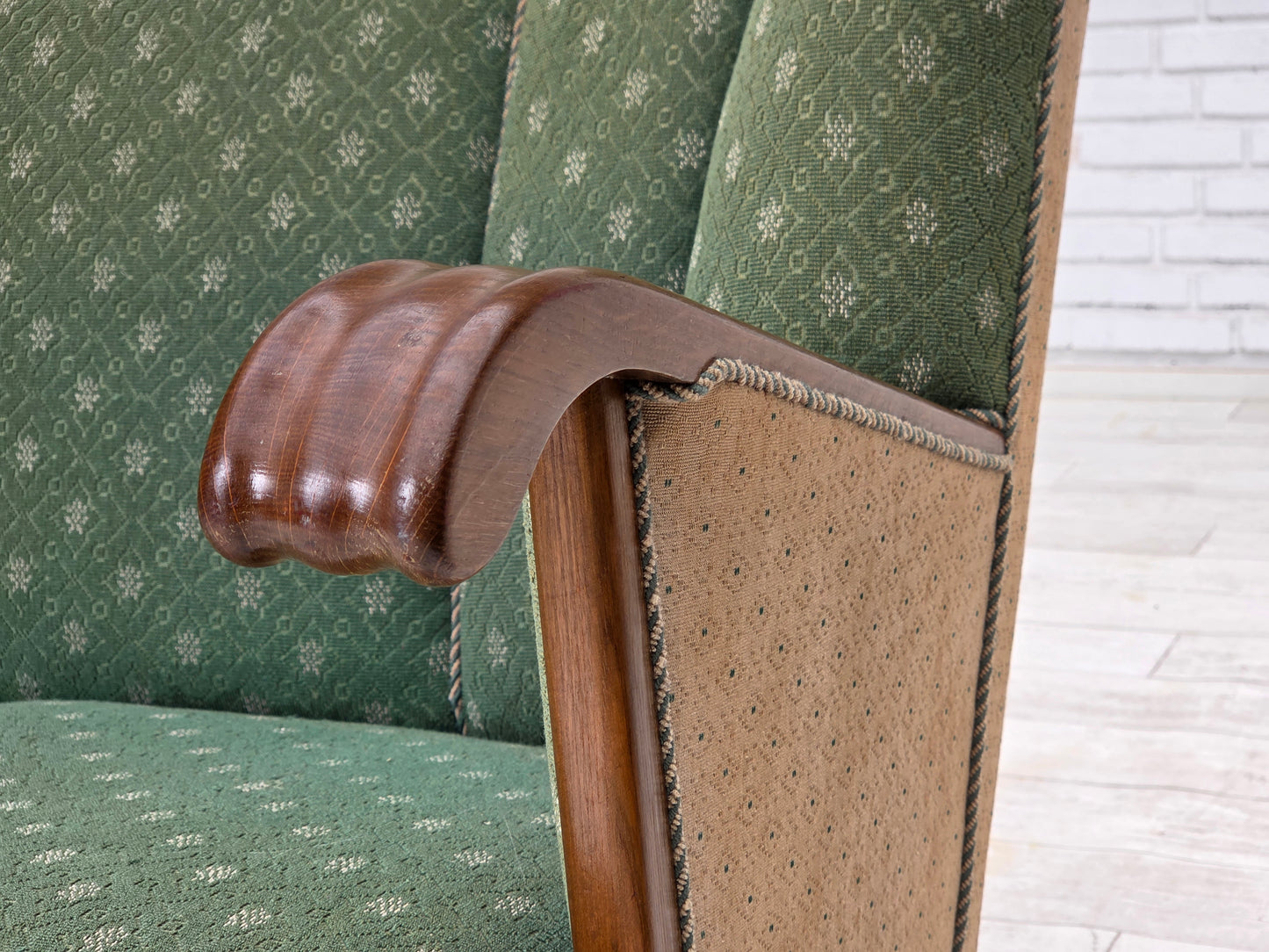 1950s, Danish 3-seater sofa, green/beige furniture wool fabric, oak wood.