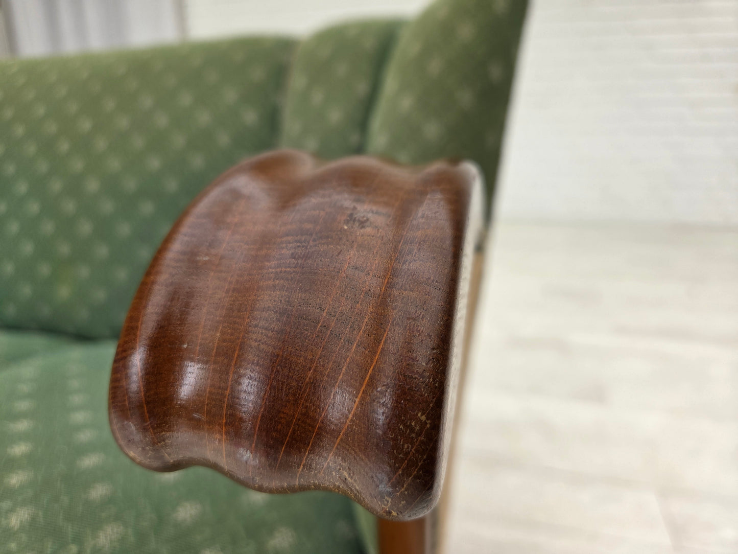 1950s, Danish 3-seater sofa, green/beige furniture wool fabric, oak wood.