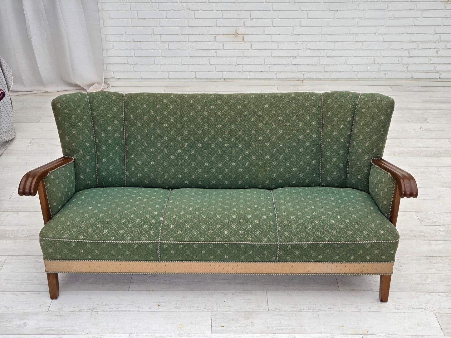 1950s, Danish 3-seater sofa, green/beige furniture wool fabric, oak wood.