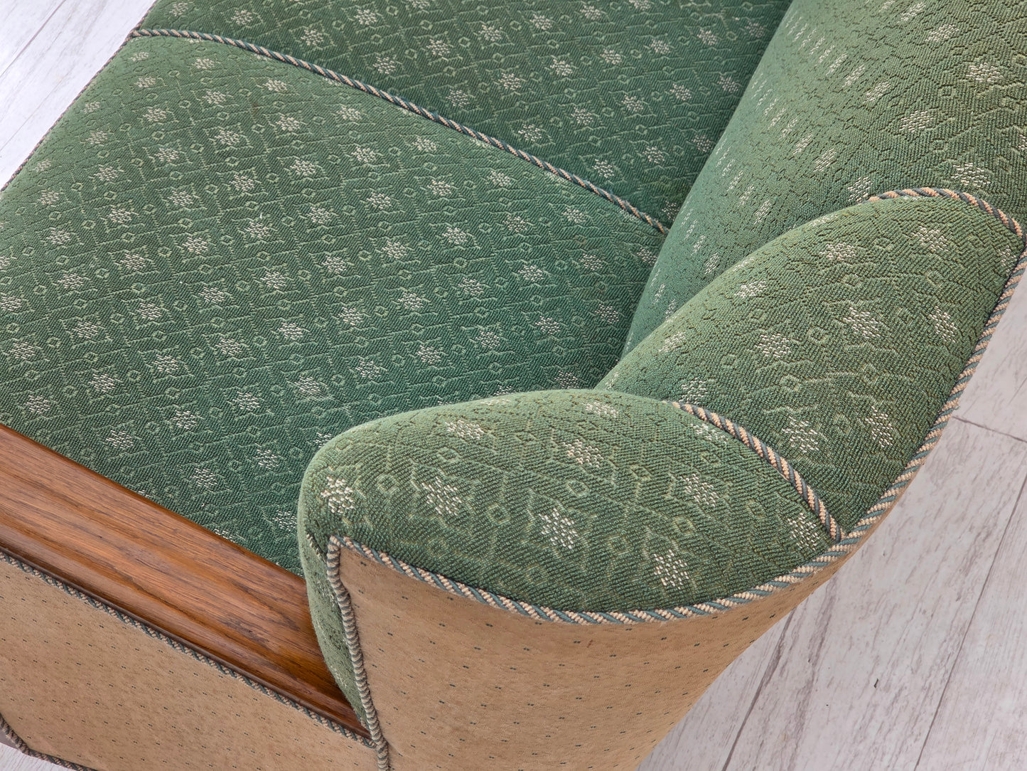 1950s, Danish 3-seater sofa, green/beige furniture wool fabric, oak wood.