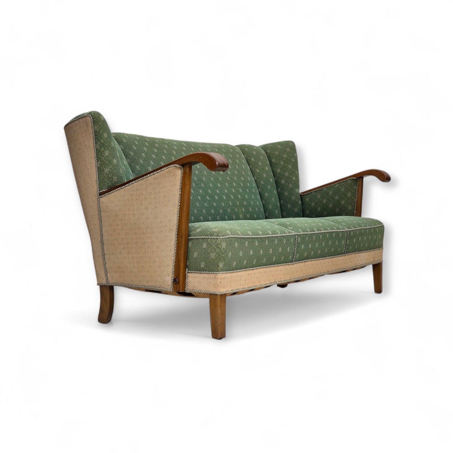 1950s, Danish 3-seater sofa, green/beige furniture wool fabric, oak wood.