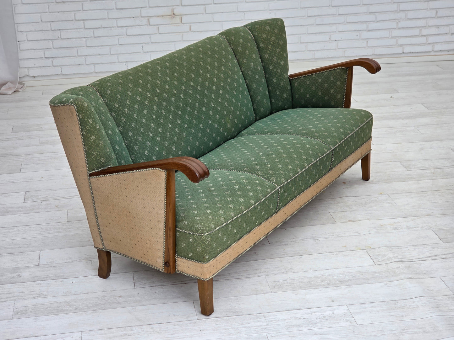 1950s, Danish 3-seater sofa, green/beige furniture wool fabric, oak wood.